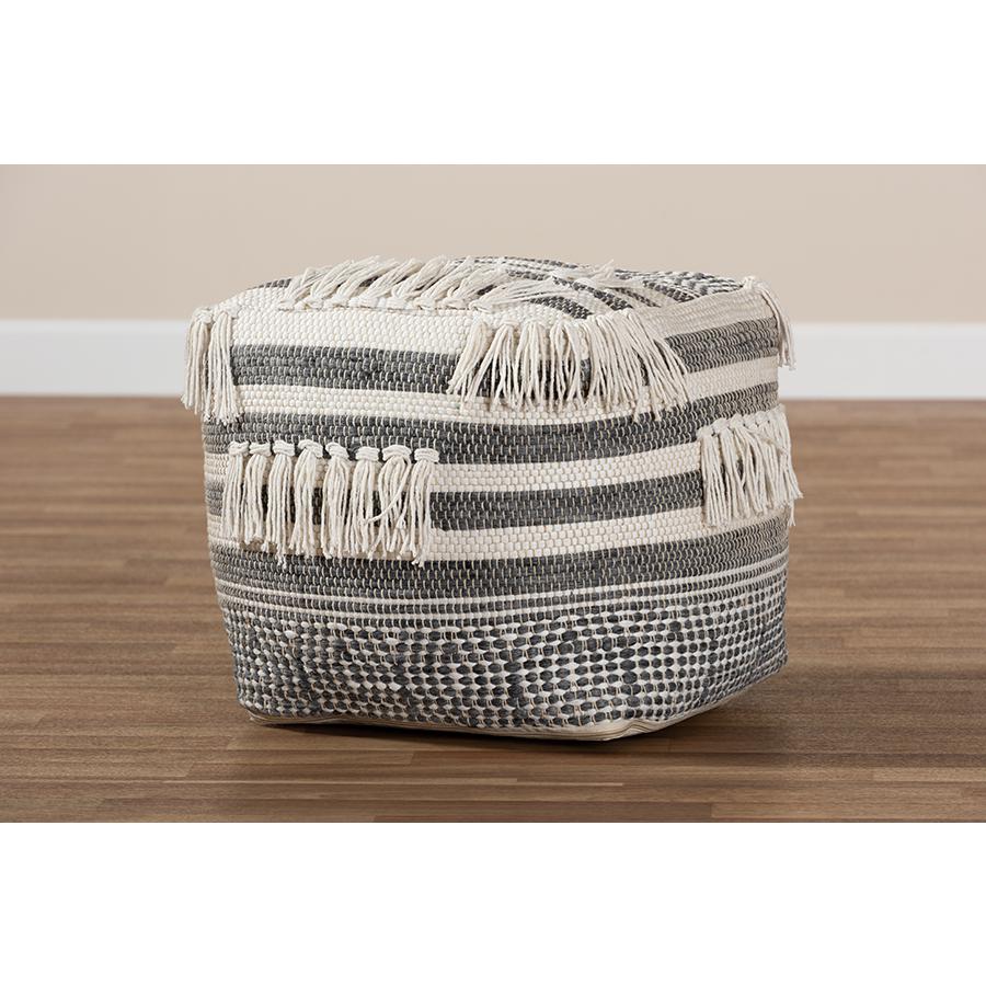 Kirby Moroccan Inspired Grey and Ivory Handwoven Cotton Pouf Ottoman. Picture 5