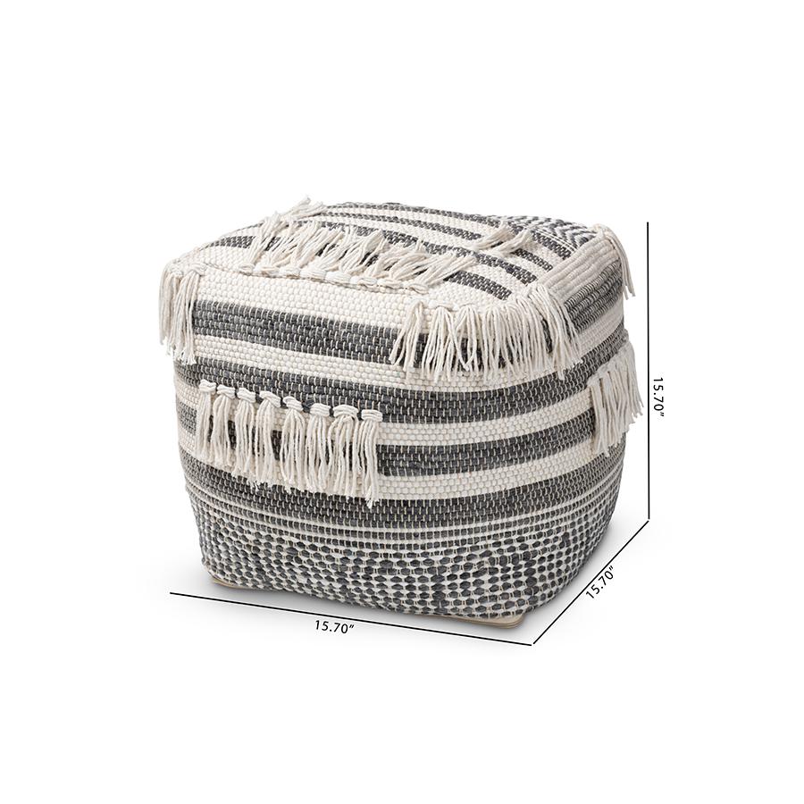Kirby Moroccan Inspired Grey and Ivory Handwoven Cotton Pouf Ottoman. Picture 6