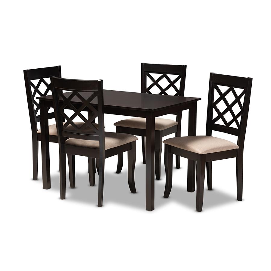 Baxton Studio Verner Modern and Contemporary Sand Fabric Upholstered Espresso Brown Finished 5-Piece Wood Dining Set. Picture 2