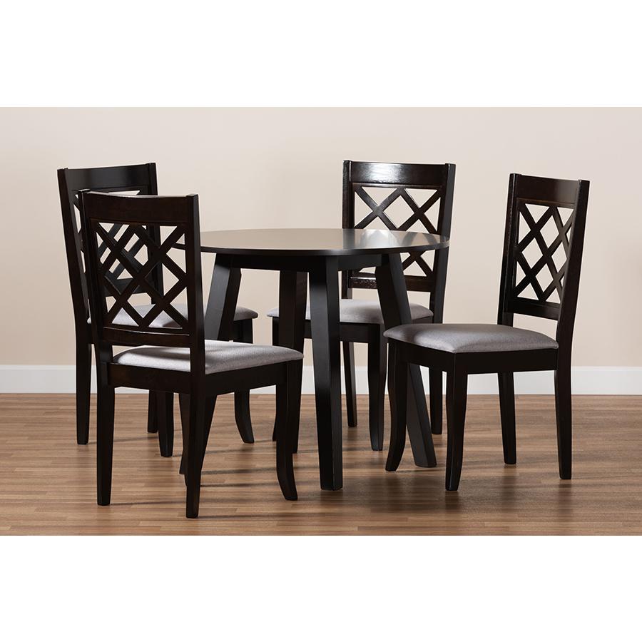 Grey Fabric Upholstered and Dark Brown Finished Wood 5-Piece Dining Set. Picture 8