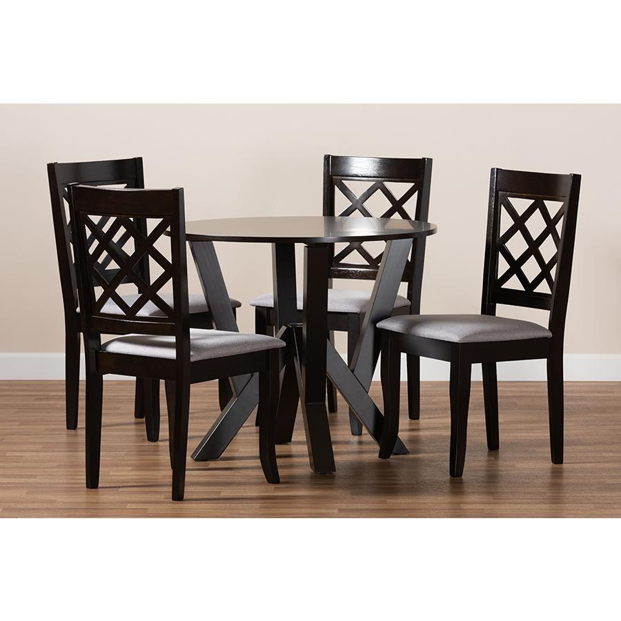 Grey Fabric Upholstered and Dark Brown Finished Wood 5-Piece Dining Set. Picture 8