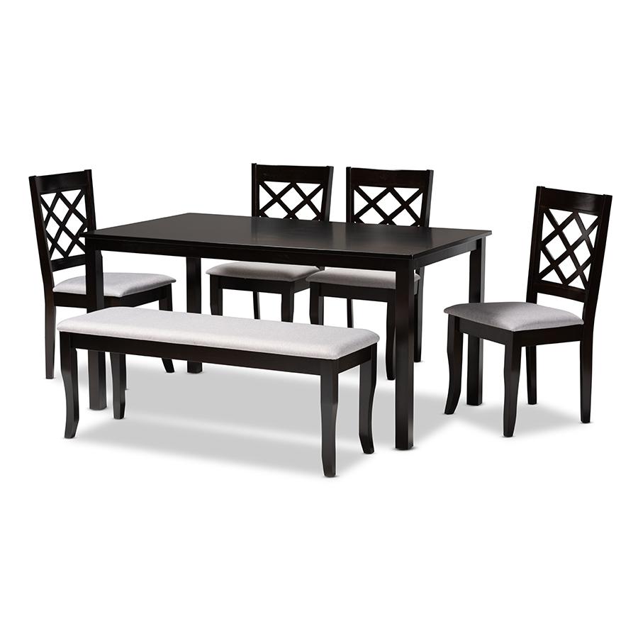 Grey Fabric Upholstered and Dark Brown Finished Wood 6-Piece Dining Set. Picture 1