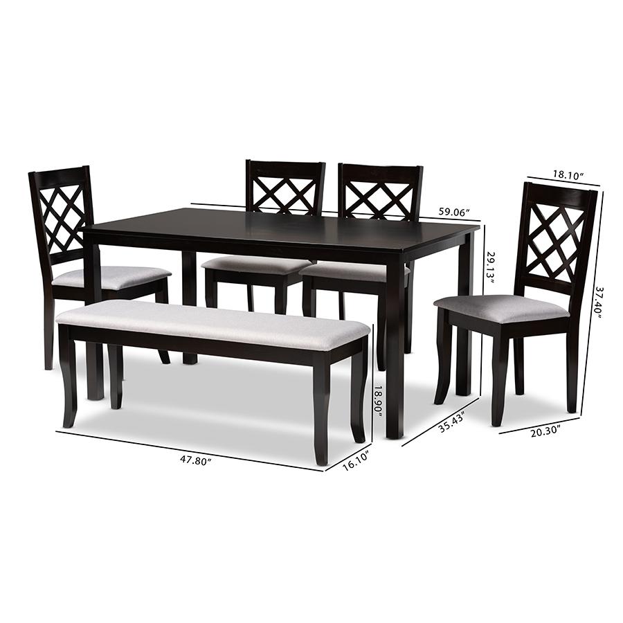 Grey Fabric Upholstered and Dark Brown Finished Wood 6-Piece Dining Set. Picture 10