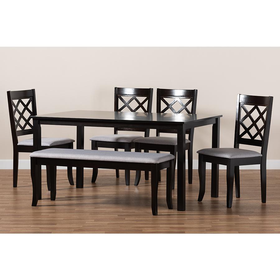 Grey Fabric Upholstered and Dark Brown Finished Wood 6-Piece Dining Set. Picture 9