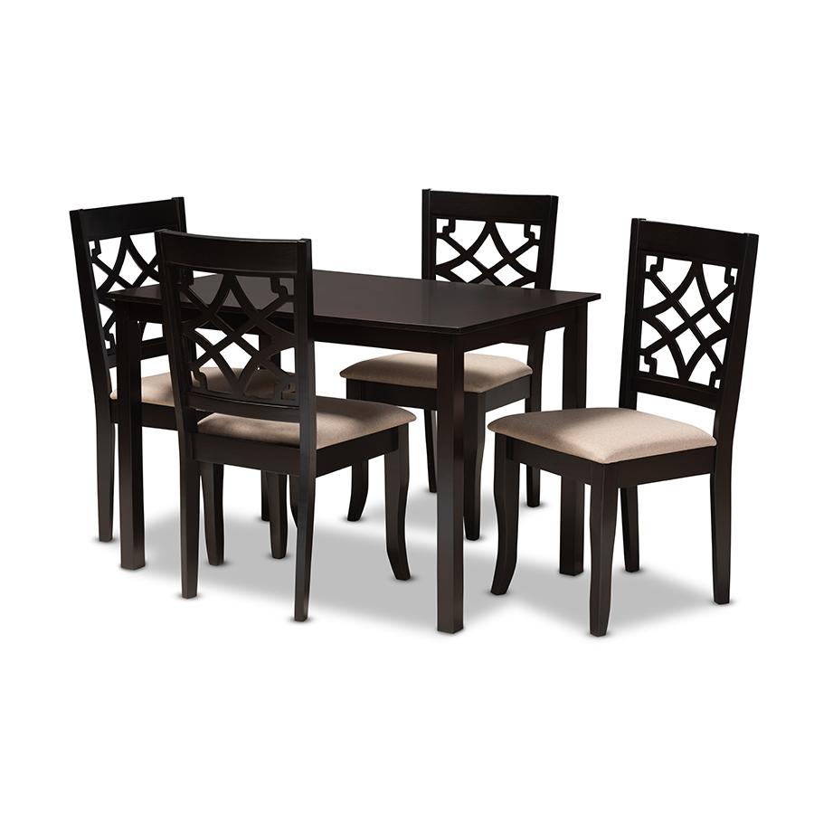 Baxton Studio Mael Modern and Contemporary Sand Fabric Upholstered Espresso Brown Finished 5-Piece Wood Dining Set. Picture 2