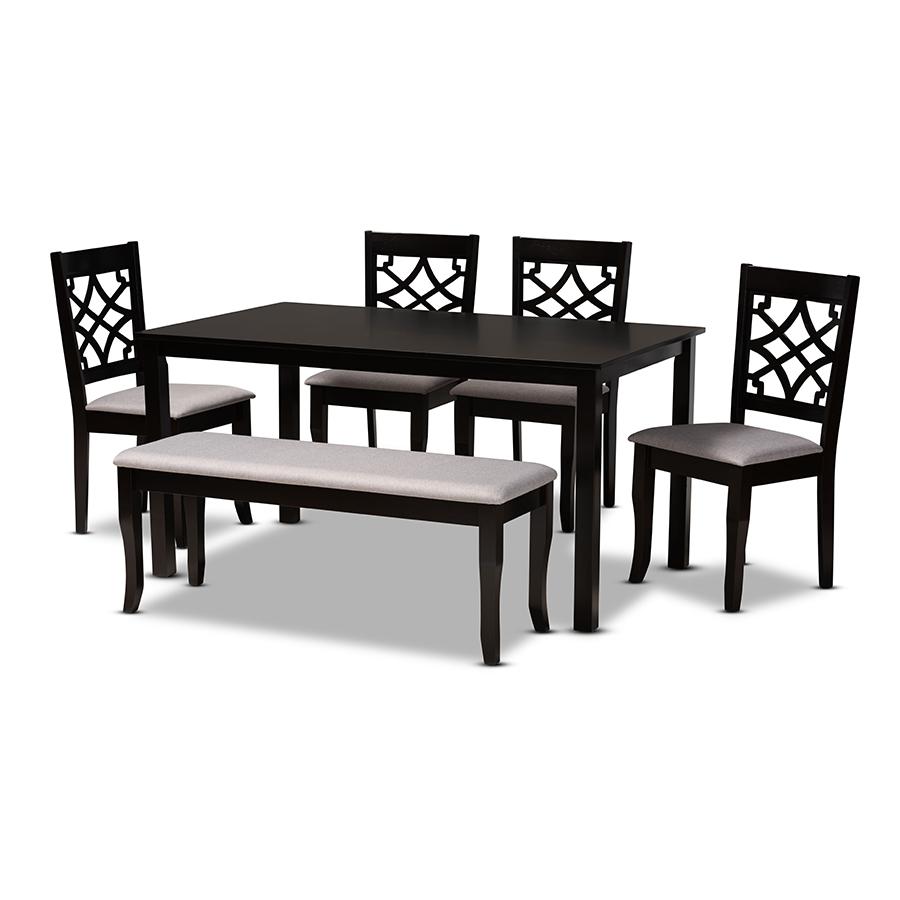 Grey Fabric Upholstered and Dark Brown Finished Wood 6-Piece Dining Set. Picture 1