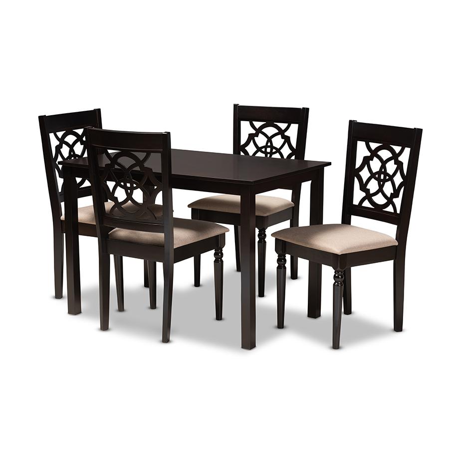 Baxton Studio Renaud Modern and Contemporary Sand Fabric Upholstered Espresso Brown Finished 5-Piece Wood Dining Set. Picture 2