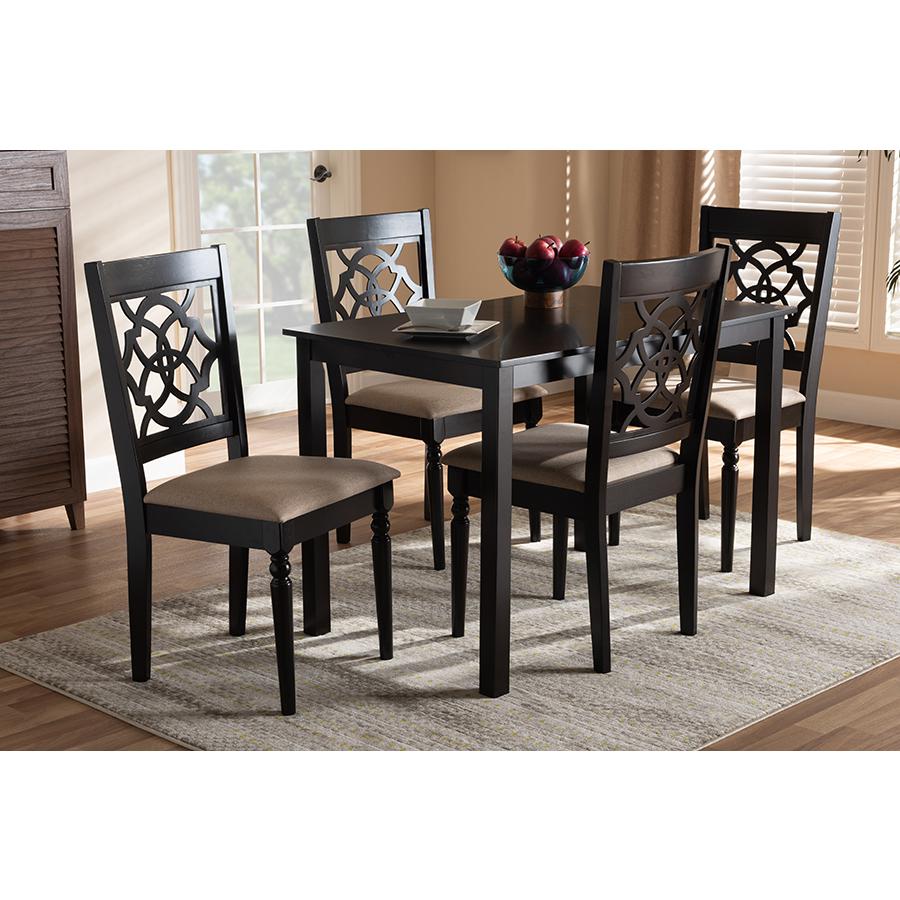 Baxton Studio Renaud Modern and Contemporary Sand Fabric Upholstered Espresso Brown Finished 5-Piece Wood Dining Set. Picture 6