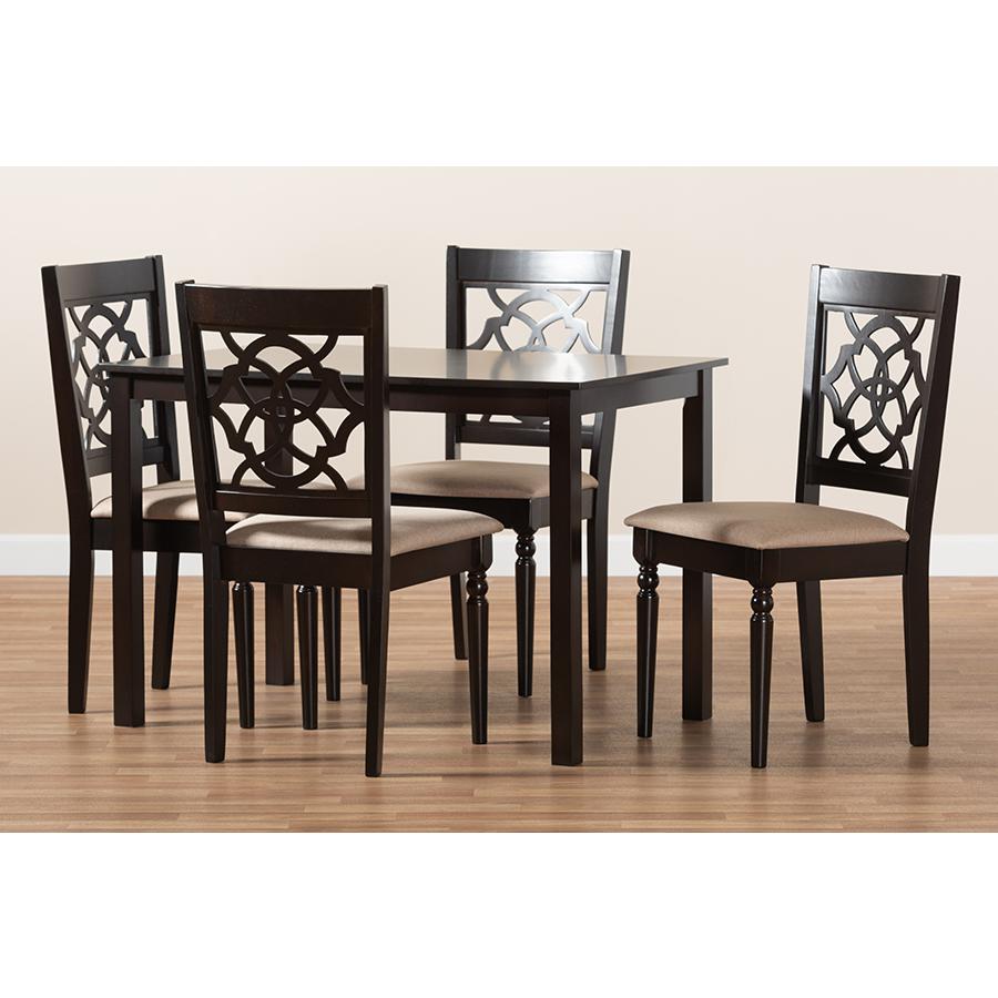 Baxton Studio Renaud Modern and Contemporary Sand Fabric Upholstered Espresso Brown Finished 5-Piece Wood Dining Set. Picture 1