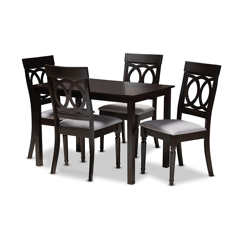 Baxton Studio Lucie Modern and Contemporary Grey Fabric Upholstered Espresso Brown Finished 5-Piece Wood Dining Set. Picture 2