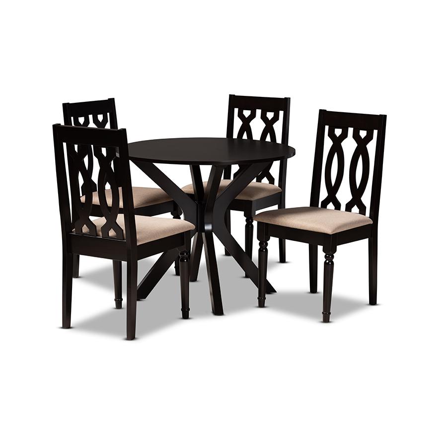 Sand Fabric Upholstered and Dark Brown Finished Wood 5-Piece Dining Set. Picture 1