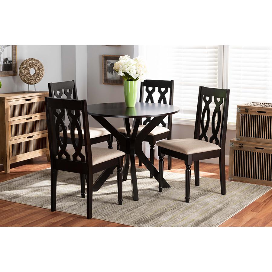 Sand Fabric Upholstered and Dark Brown Finished Wood 5-Piece Dining Set. Picture 7