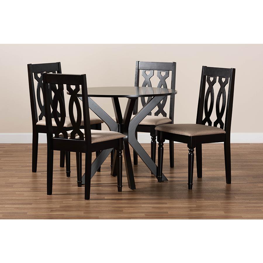 Sand Fabric Upholstered and Dark Brown Finished Wood 5-Piece Dining Set. Picture 8