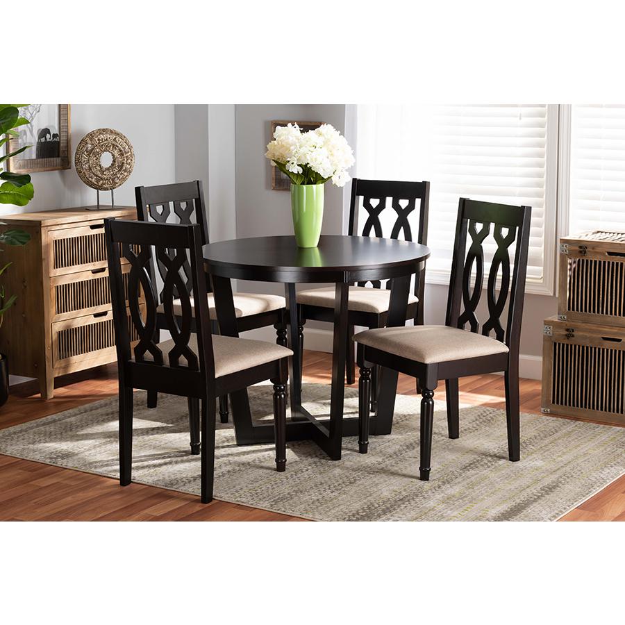 Julie Modern and Contemporary Sand Fabric Upholstered and Dark Brown Finished Wood 5-Piece Dining Set. Picture 1