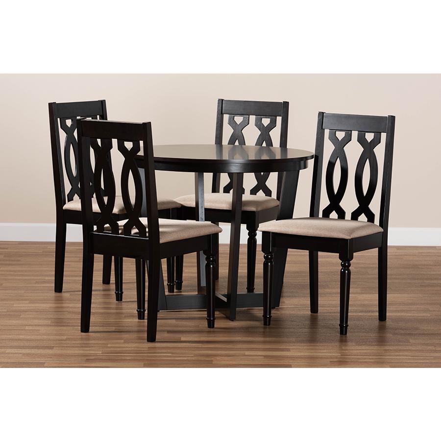 Julie Modern and Contemporary Sand Fabric Upholstered and Dark Brown Finished Wood 5-Piece Dining Set. Picture 9