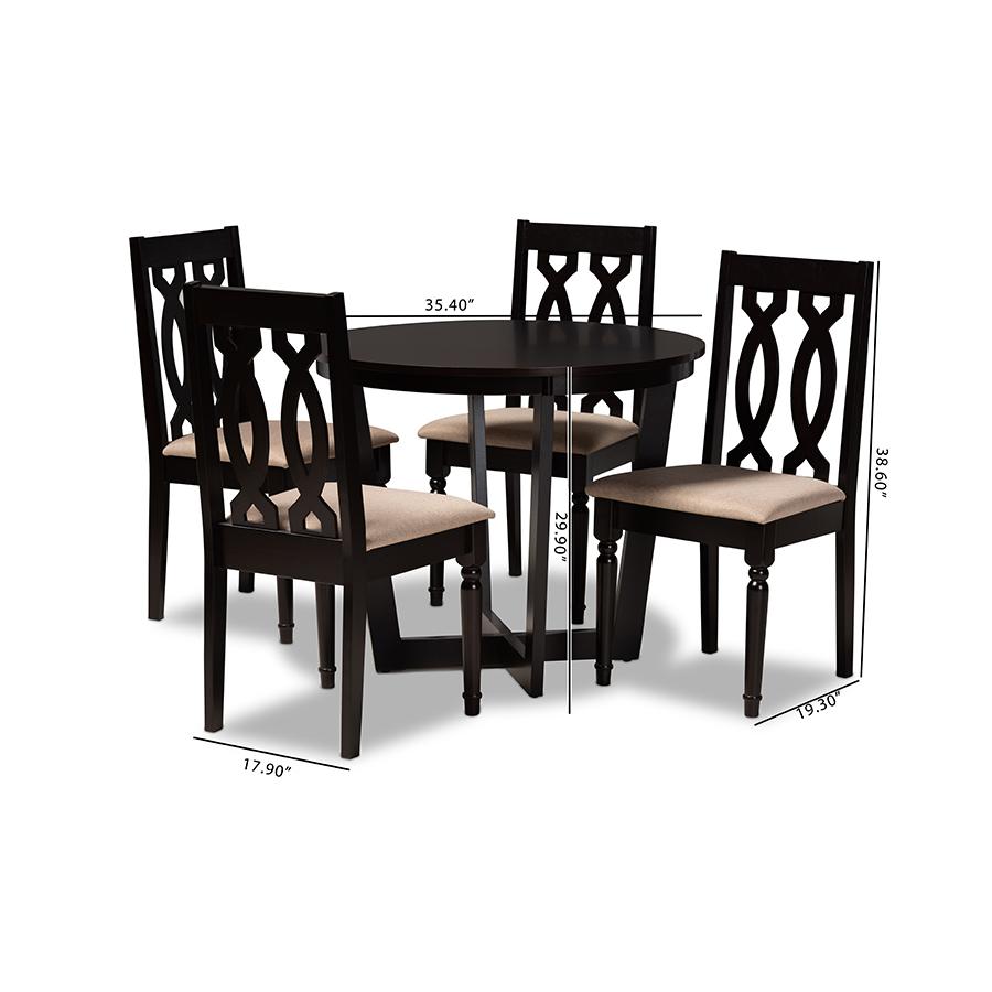 Julie Modern and Contemporary Sand Fabric Upholstered and Dark Brown Finished Wood 5-Piece Dining Set. Picture 10
