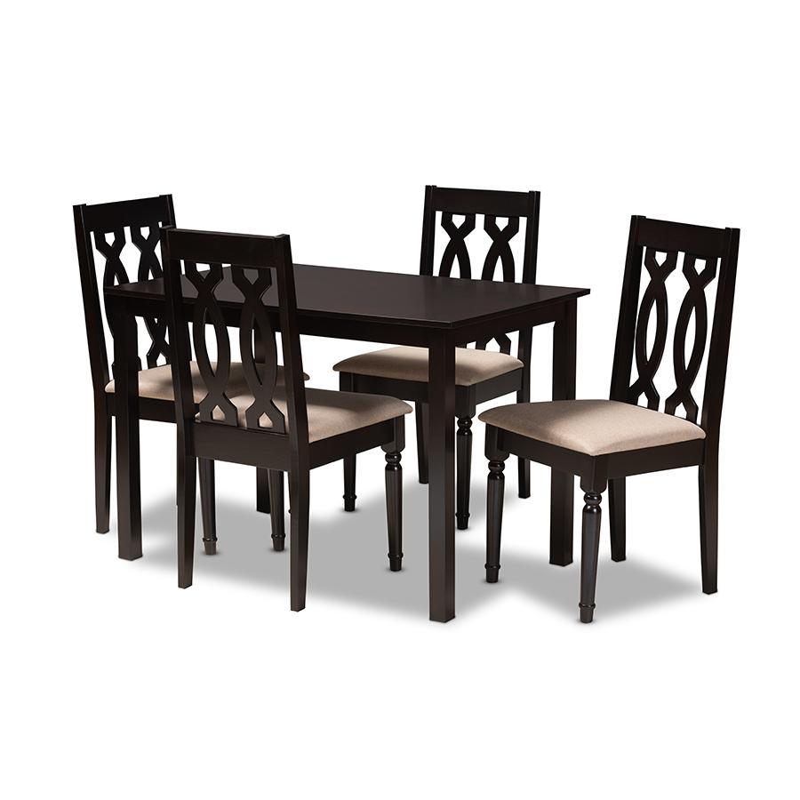 Baxton Studio Cherese Modern and Contemporary Sand Fabric Upholstered Espresso Brown Finished 5-Piece Wood Dining Set. Picture 2