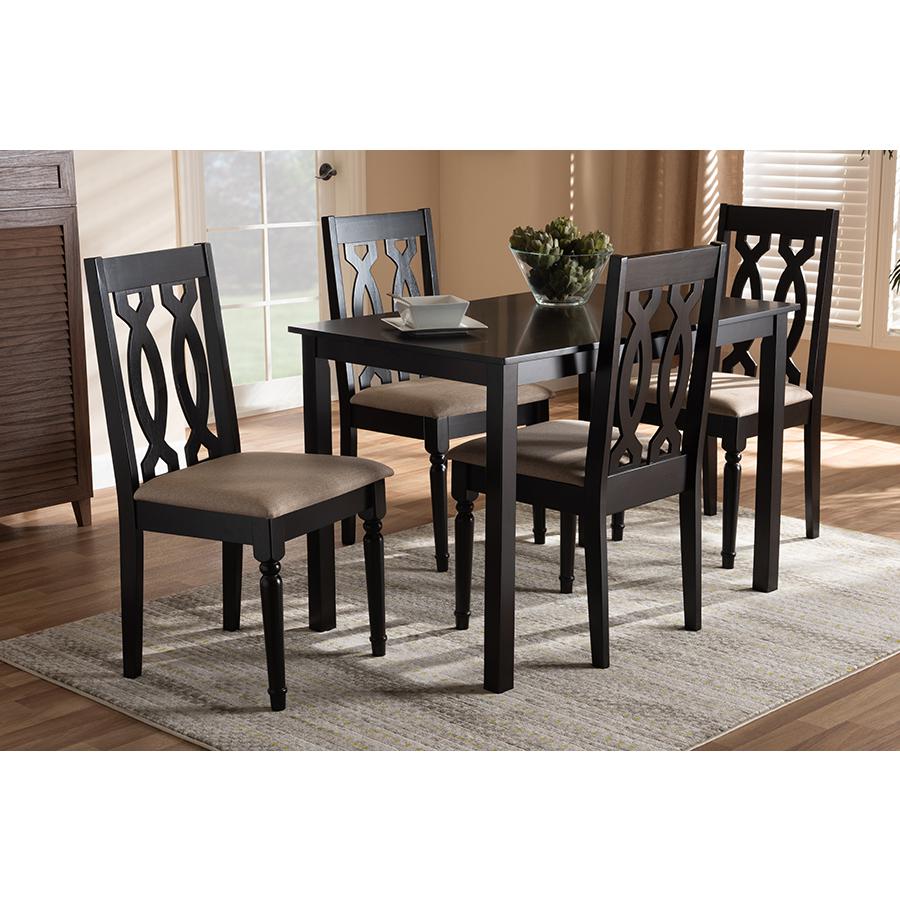 Baxton Studio Cherese Modern and Contemporary Sand Fabric Upholstered Espresso Brown Finished 5-Piece Wood Dining Set. Picture 6