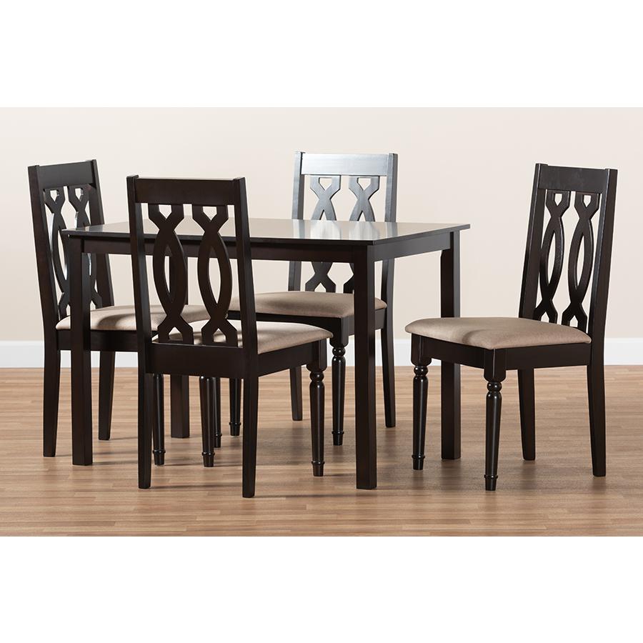 Baxton Studio Cherese Modern and Contemporary Sand Fabric Upholstered Espresso Brown Finished 5-Piece Wood Dining Set. Picture 1