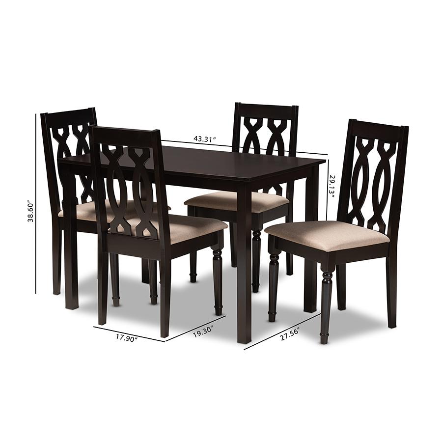 Baxton Studio Cherese Modern and Contemporary Sand Fabric Upholstered Espresso Brown Finished 5-Piece Wood Dining Set. Picture 8