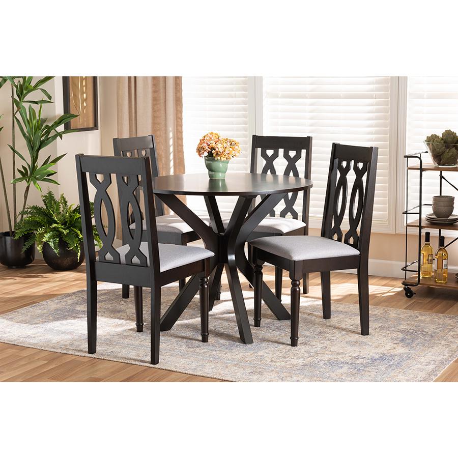 Grey Fabric Upholstered and Dark Brown Finished Wood 5-Piece Dining Set. Picture 7