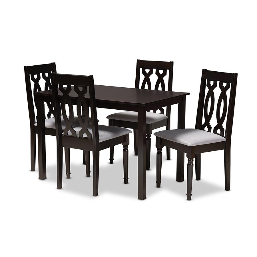 Baxton Studio Cherese Modern and Contemporary Grey Fabric Upholstered Espresso Brown Finished 5-Piece Wood Dining Set. Picture 2