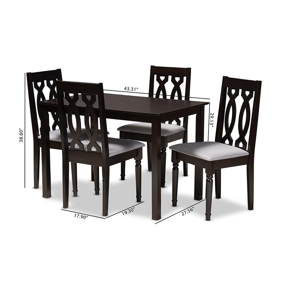 Baxton Studio Cherese Modern and Contemporary Grey Fabric Upholstered Espresso Brown Finished 5-Piece Wood Dining Set. Picture 8
