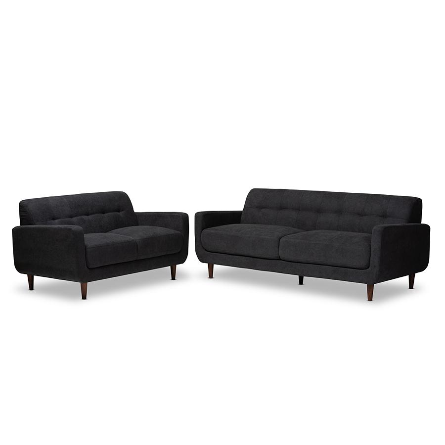 Allister Mid-Century Modern Dark Grey Fabric Upholstered 2-Piece Living Room Set. Picture 1
