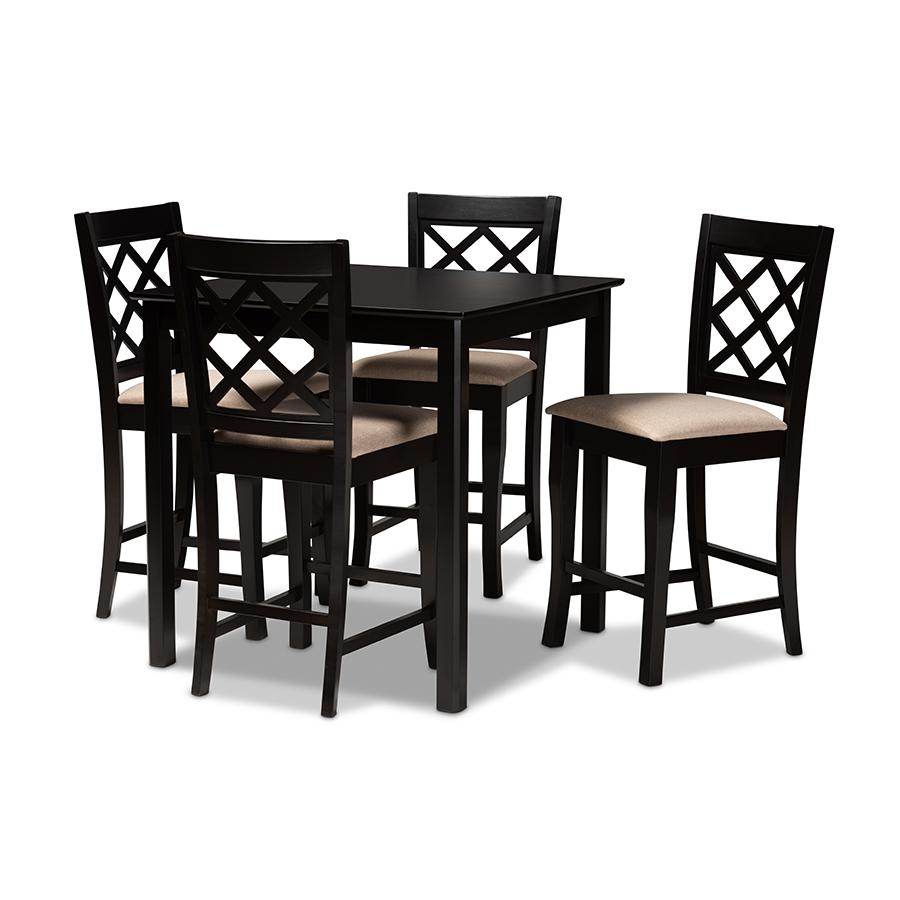 Baxton Studio Alora Modern and Contemporary Sand Fabric Upholstered Espresso Brown Finished 5-Piece Wood Pub Set. Picture 1