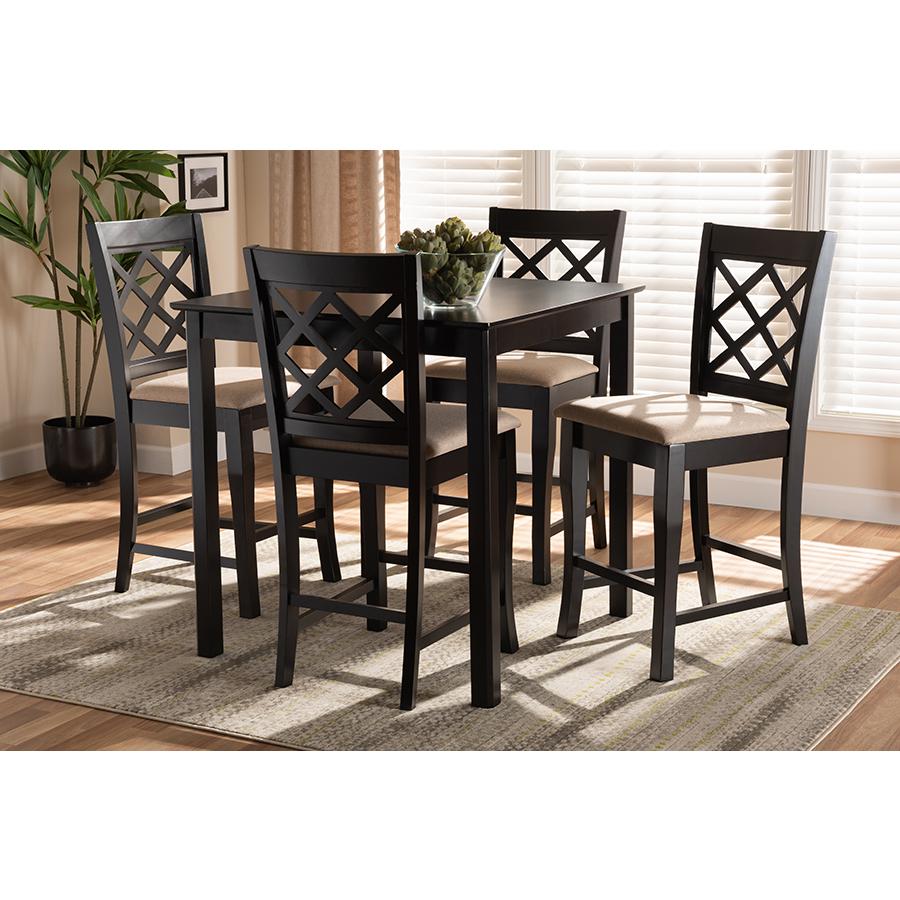 Baxton Studio Alora Modern and Contemporary Sand Fabric Upholstered Espresso Brown Finished 5-Piece Wood Pub Set. Picture 6