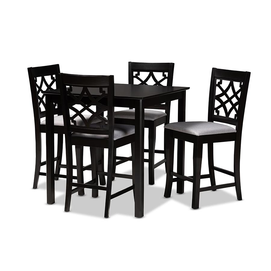 Grey Fabric Upholstered Espresso Brown Finished 5-Piece Wood Pub Set. Picture 1