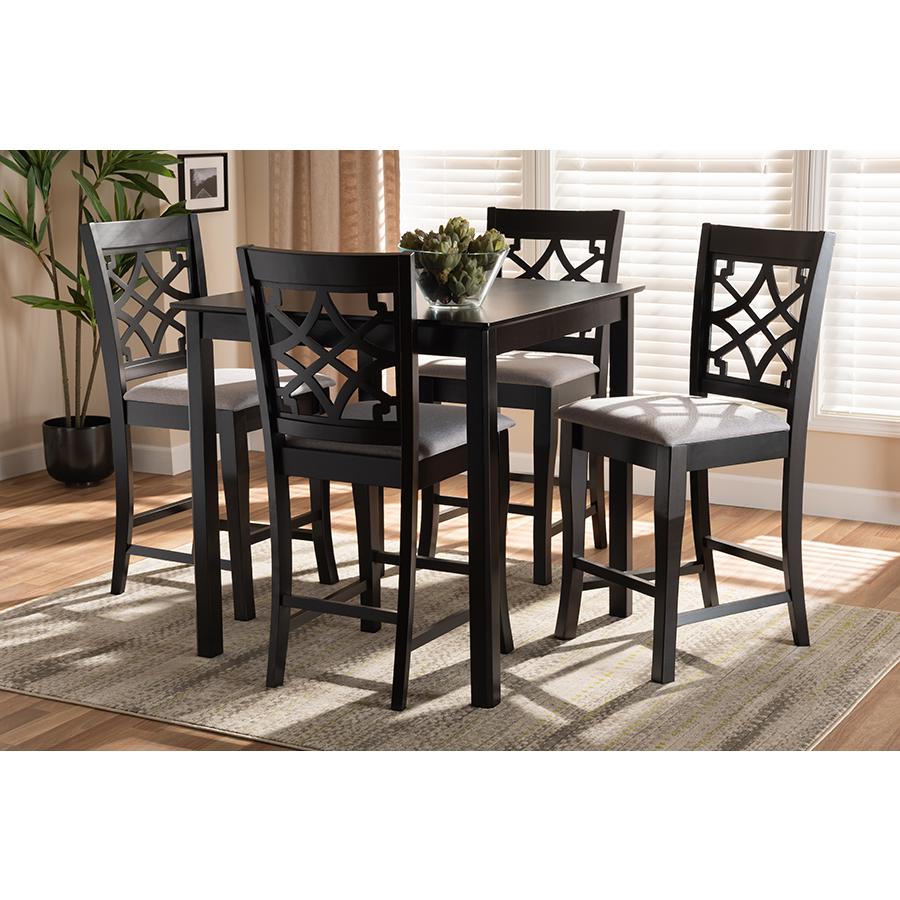 Grey Fabric Upholstered Espresso Brown Finished 5-Piece Wood Pub Set. Picture 6
