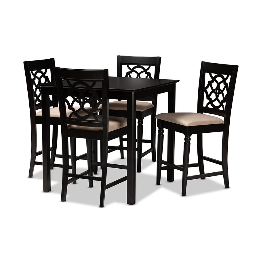 Baxton Studio Arden Modern and Contemporary Sand Fabric Upholstered Espresso Brown Finished 5-Piece Wood Pub Set. Picture 1
