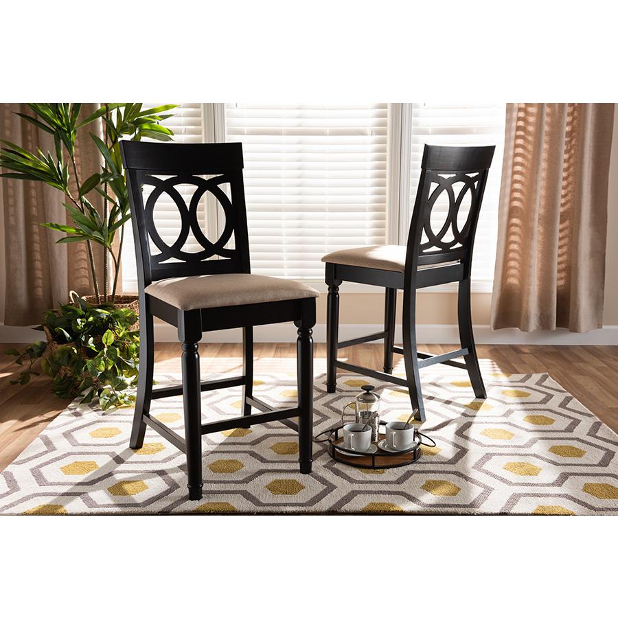 Baxton Studio Verina Modern and Contemporary Sand Fabric Upholstered Espresso Brown Finished 2-Piece Wood Counter Stool Set. Picture 6