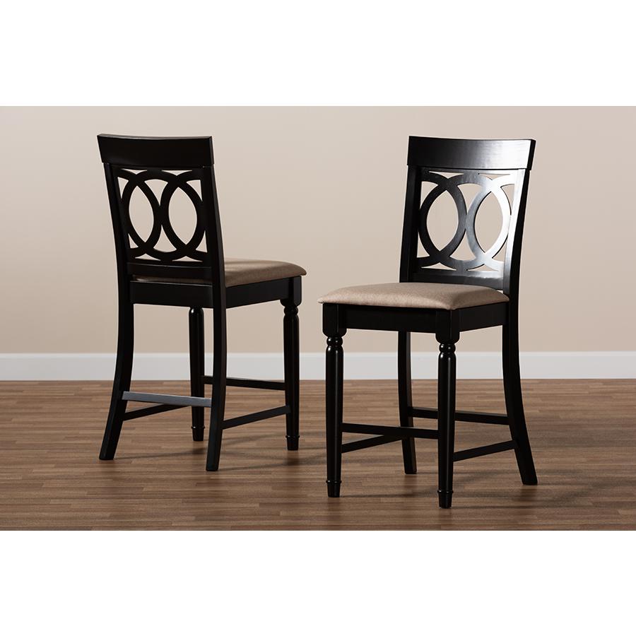 Baxton Studio Verina Modern and Contemporary Sand Fabric Upholstered Espresso Brown Finished 2-Piece Wood Counter Stool Set. Picture 7