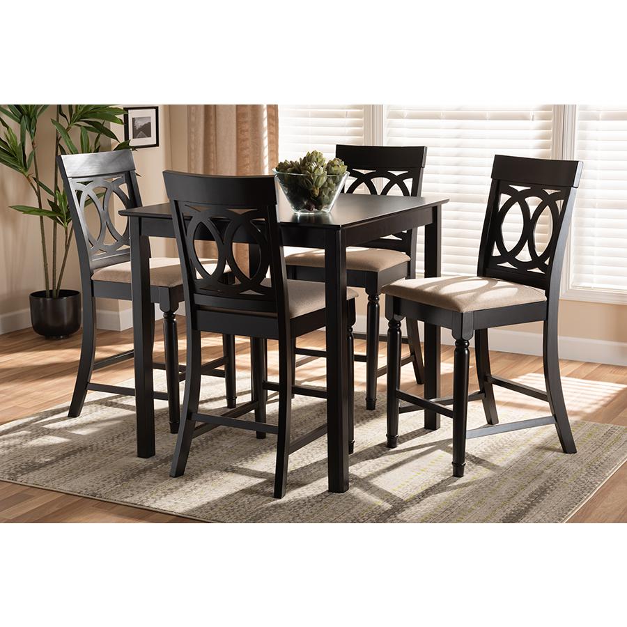 Baxton Studio Verina Modern and Contemporary Sand Fabric Upholstered Espresso Brown Finished 5-Piece Wood Pub Set. Picture 6