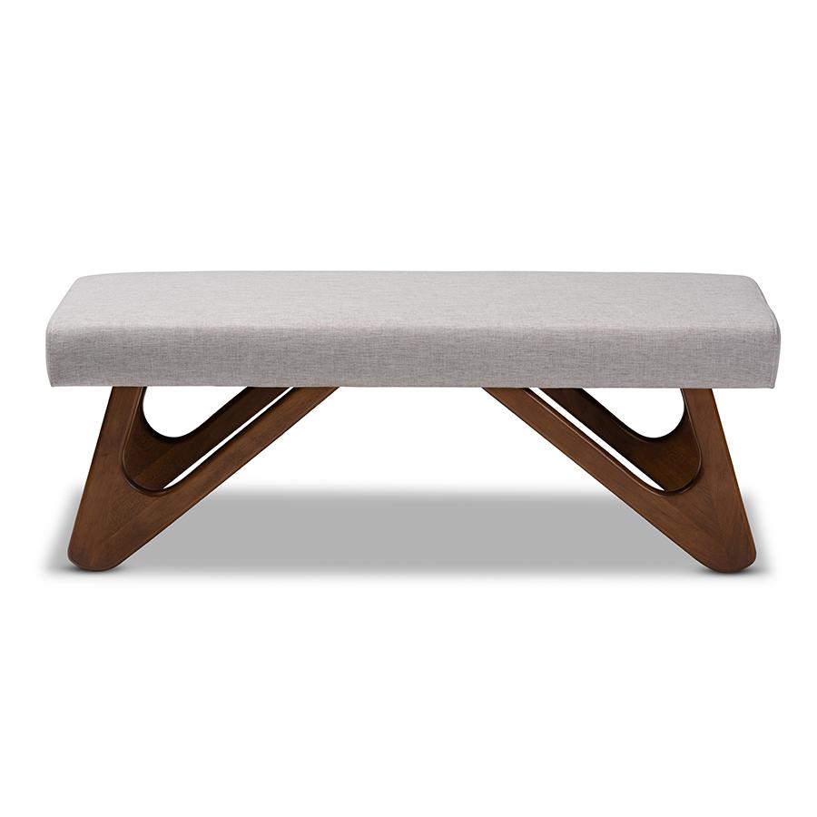 Baxton Studio Rika Mid-Century Modern Greyish Beige Fabric Upholstered Walnut Brown Finished Boomerang Bench. Picture 2
