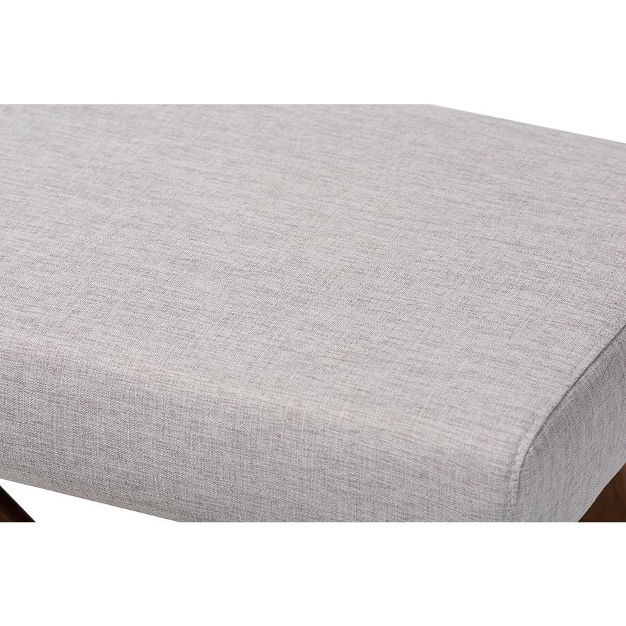 Baxton Studio Rika Mid-Century Modern Greyish Beige Fabric Upholstered Walnut Brown Finished Boomerang Bench. Picture 4
