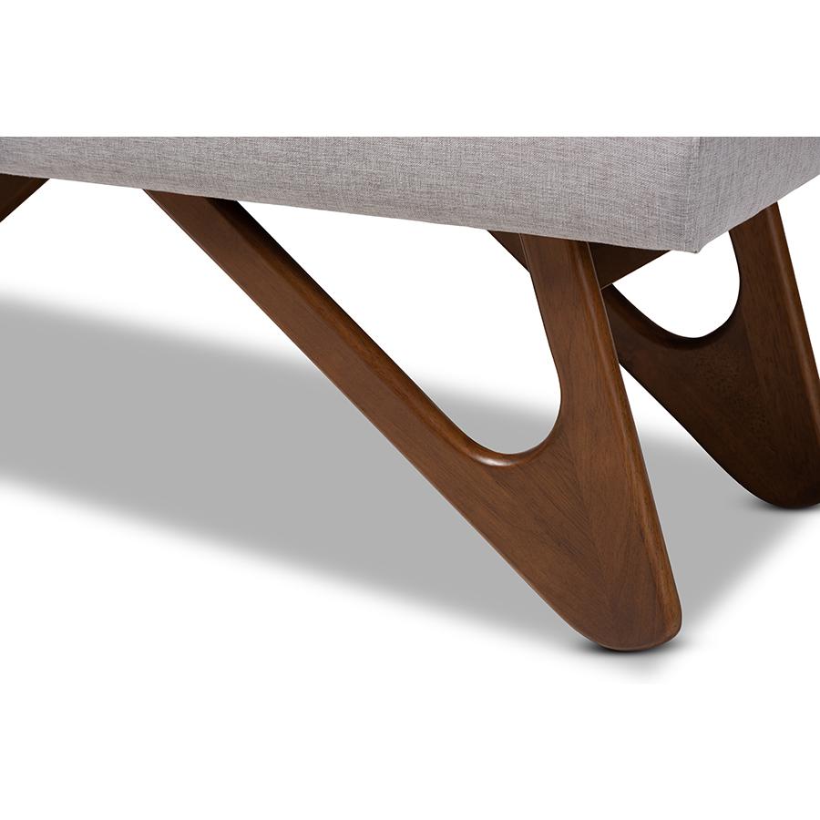 Baxton Studio Rika Mid-Century Modern Greyish Beige Fabric Upholstered Walnut Brown Finished Boomerang Bench. Picture 5