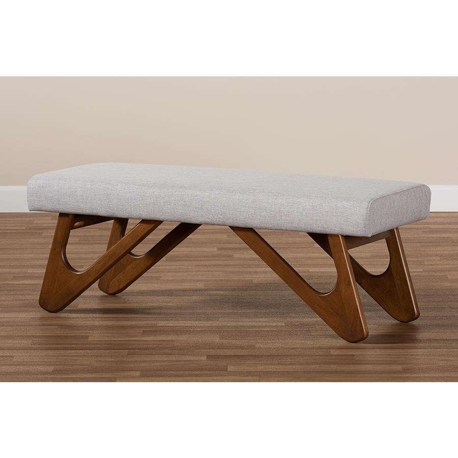 Greyish Beige Fabric Upholstered Walnut Brown Finished Boomerang Bench. Picture 7