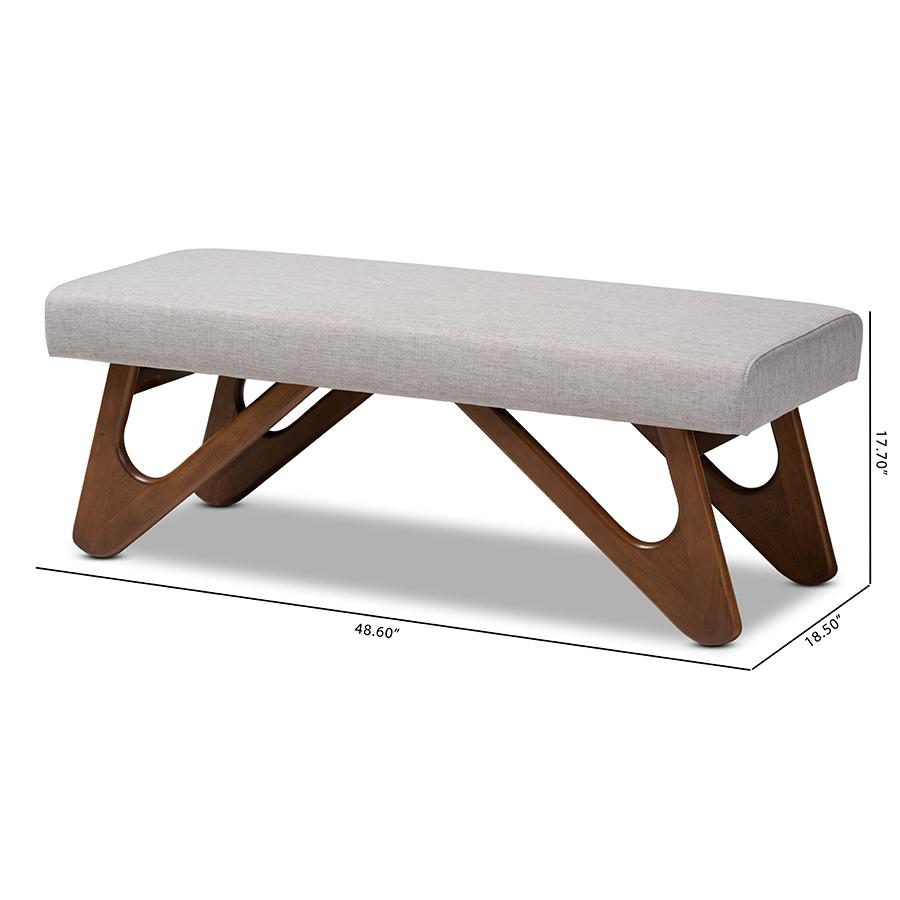 Baxton Studio Rika Mid-Century Modern Greyish Beige Fabric Upholstered Walnut Brown Finished Boomerang Bench. Picture 8