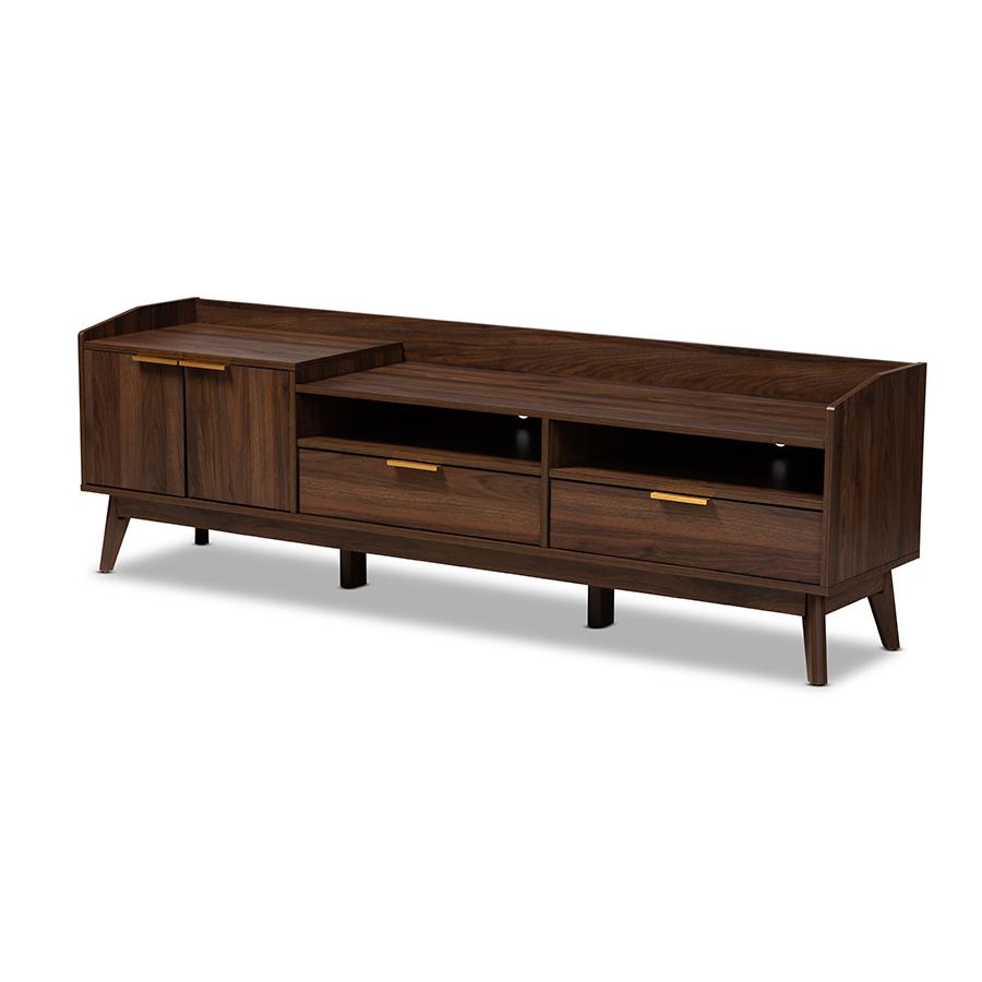 Baxton Studio Lena Mid-Century Modern Walnut Brown Finished 2-Drawer Wood TV Stand. Picture 2