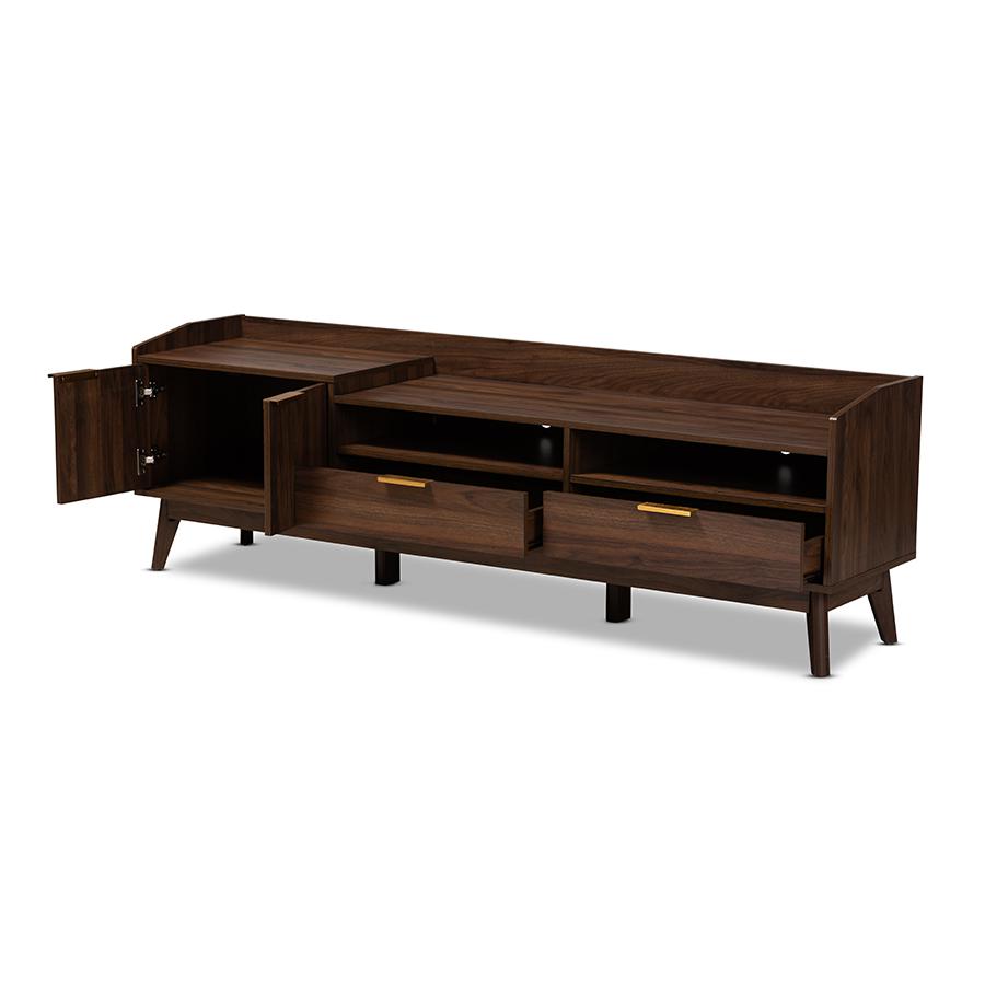 Baxton Studio Lena Mid-Century Modern Walnut Brown Finished 2-Drawer Wood TV Stand. Picture 3