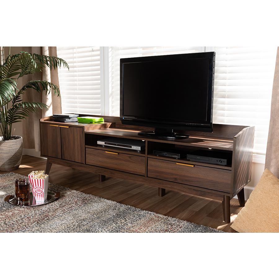 Baxton Studio Lena Mid-Century Modern Walnut Brown Finished 2-Drawer Wood TV Stand. Picture 8