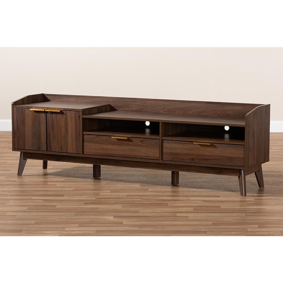 Baxton Studio Lena Mid-Century Modern Walnut Brown Finished 2-Drawer Wood TV Stand. Picture 1