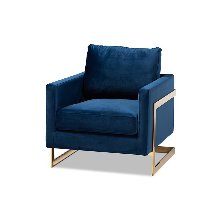 Matteo Glam and Luxe Royal Blue Velvet Fabric Upholstered Gold Finished Armchair. Picture 1