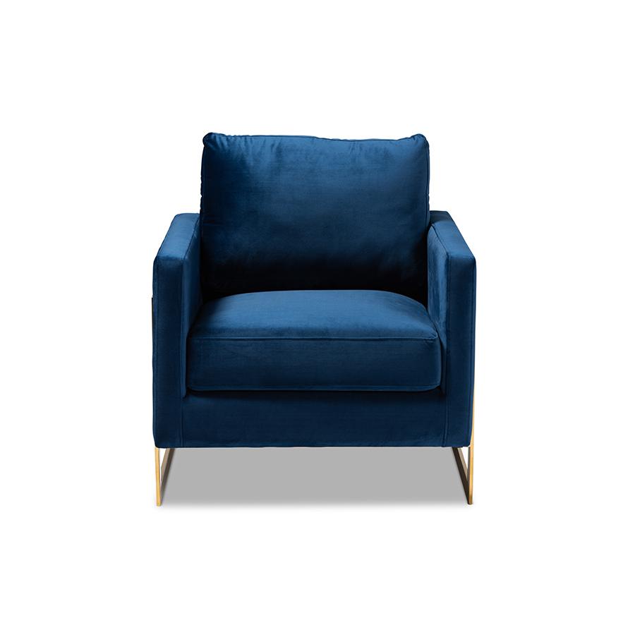 Matteo Glam and Luxe Royal Blue Velvet Fabric Upholstered Gold Finished Armchair. Picture 2