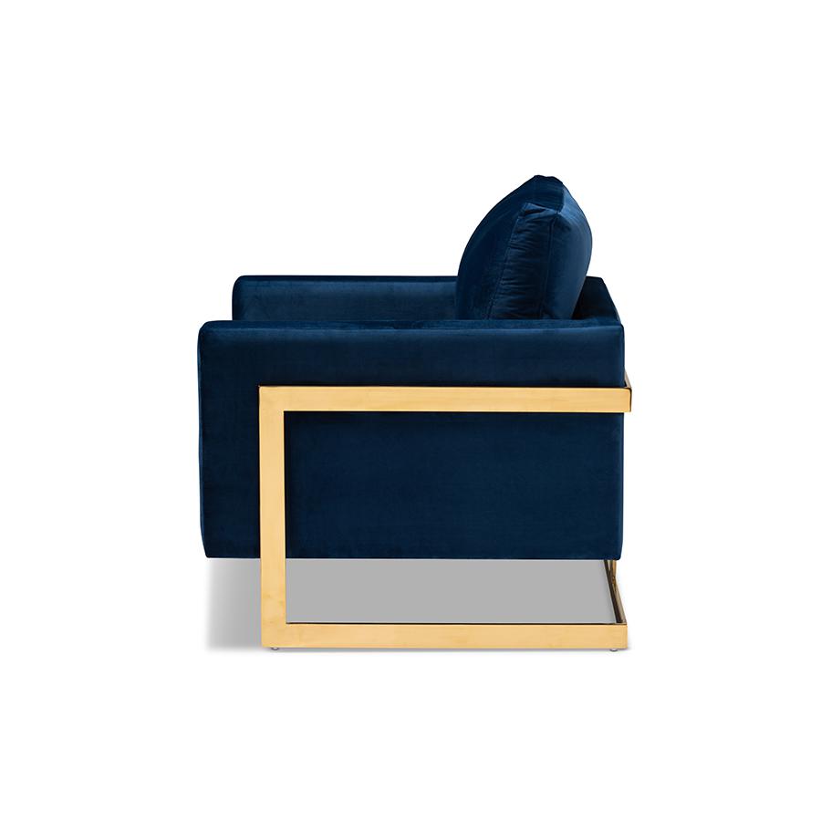 Matteo Glam and Luxe Royal Blue Velvet Fabric Upholstered Gold Finished Armchair. Picture 3