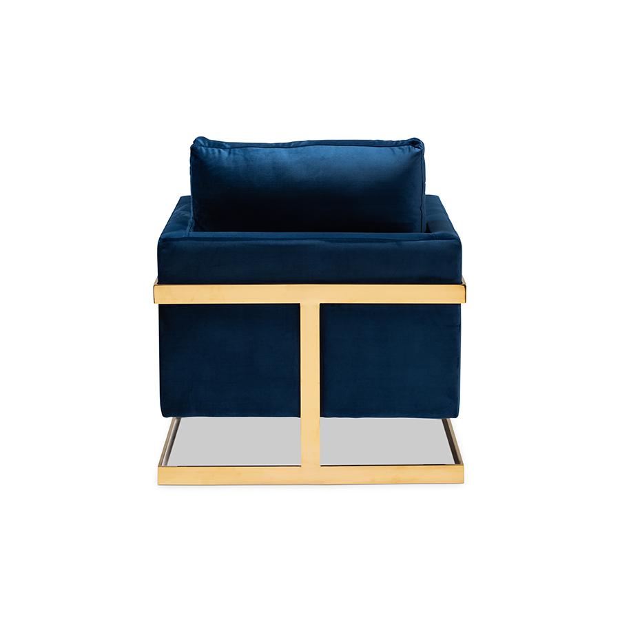 Matteo Glam and Luxe Royal Blue Velvet Fabric Upholstered Gold Finished Armchair. Picture 4