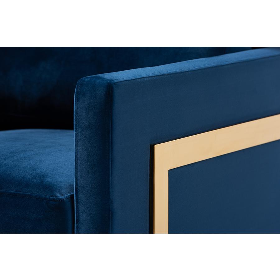 Matteo Glam and Luxe Royal Blue Velvet Fabric Upholstered Gold Finished Armchair. Picture 5